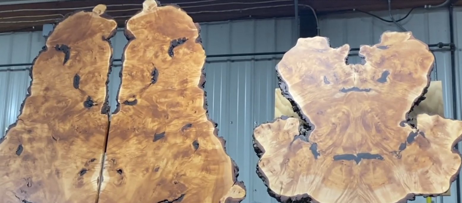 Polished bookmatched live-edge hardwood slabs standing on display in the John's Urban Timber shop in Whitmore Lake, Michigan