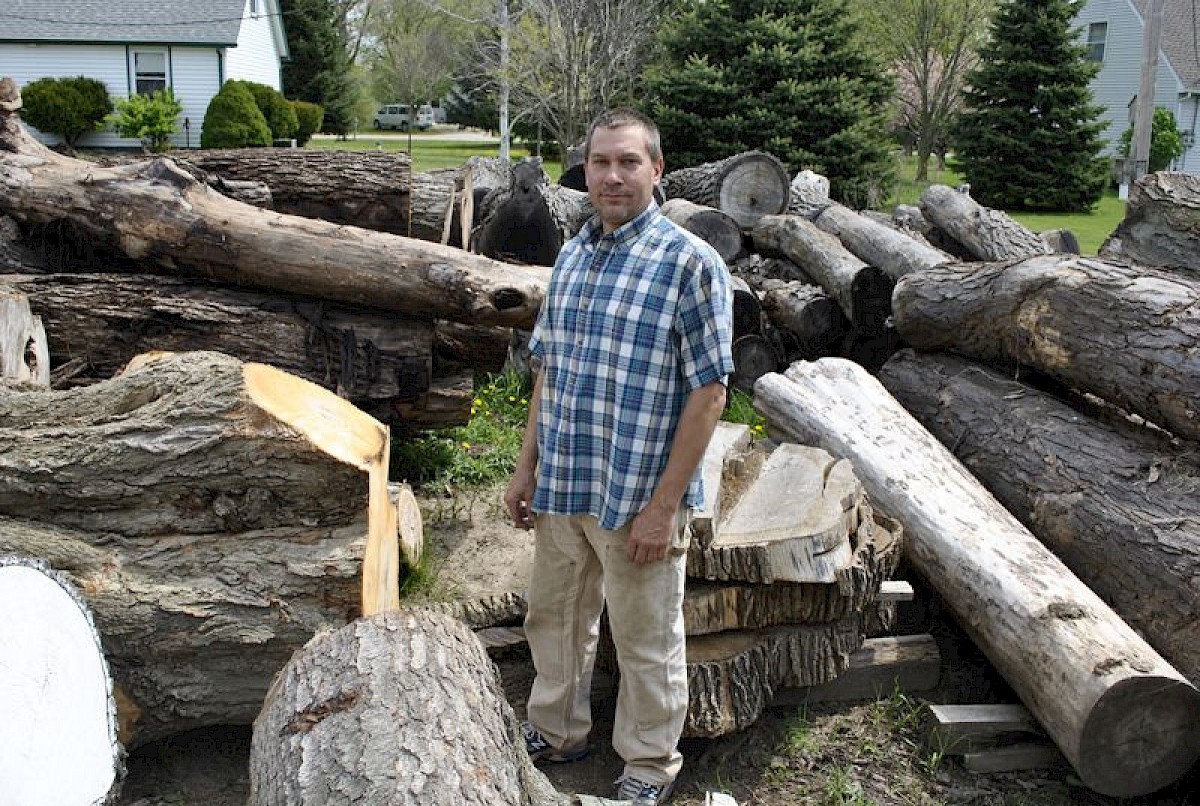 John Haling standing among massive reclaimed hardwood logs in his Whitmore Lake shop yard